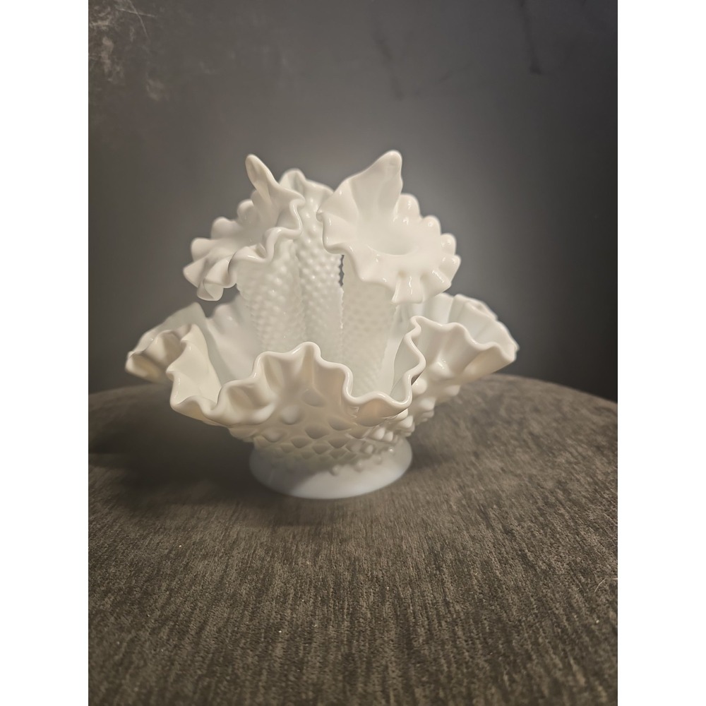 Vintage Fenton Hobnail Milk Glass Epergne Ruffled Bowl 3 Horned Vase Art Glass